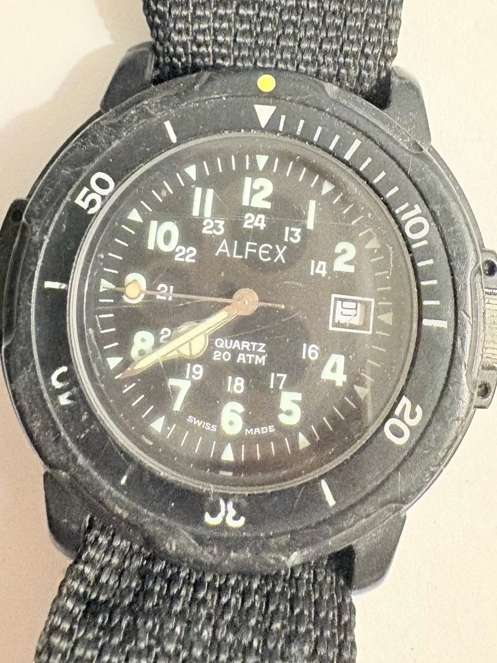 Alfex quartz watch Swiss model with 20 ATM water resistance black nylon strap
